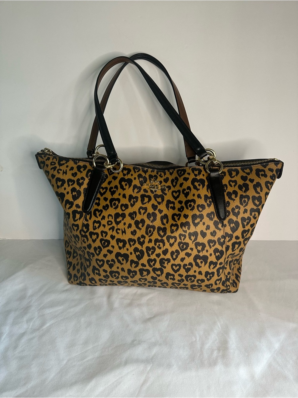 Coach Ava Wild Hearts Animal Print Tote in Tan and Black with Gold F23238